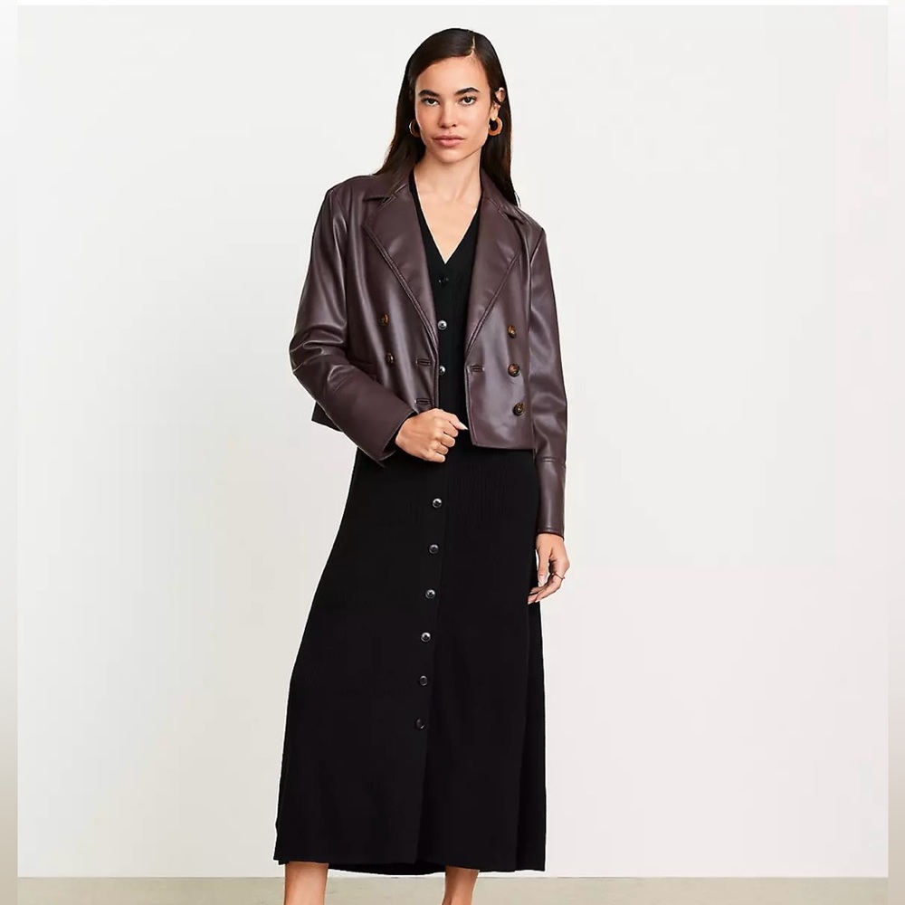 LOFT Versa Faux Leather Cropped Double Breasted Jacket in Espresso Brown, size S